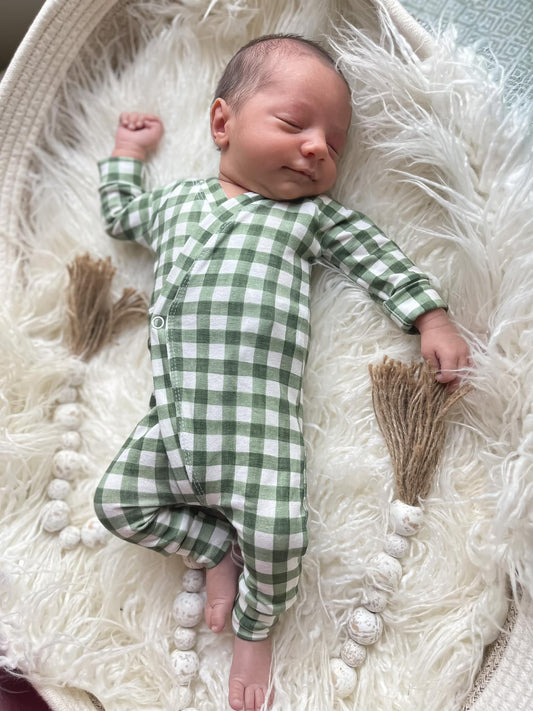 River Sleeper Romper - Green gingham